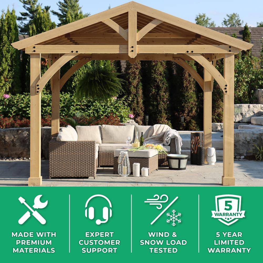 Yardistry Carolina 11 ft. x 13 ft. Premium Outdoor Cedar Backyard Patio Shade Pavilion with Brown Aluminum Gazebo Style Roof YM11726
