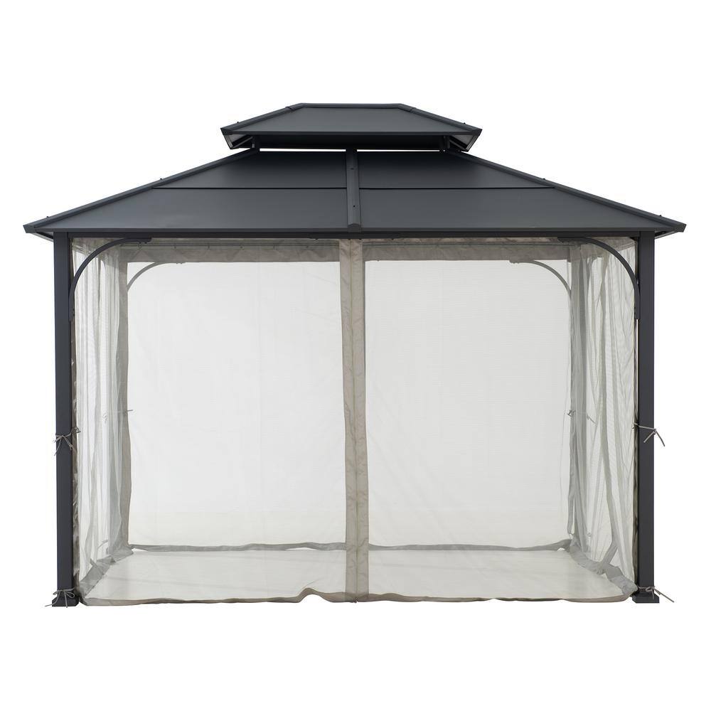 Sunjoy 10 ft. x 12 ft. Black Steel Hardtop Gazebo with 2-Tier Hip Roof and Ceiling Hook and Removable Netting Sidewalls A102009121