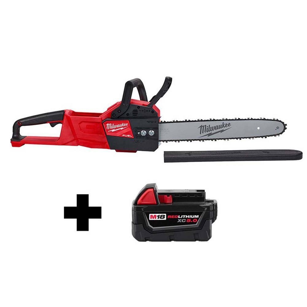 Milwaukee M18 FUEL 18V Lithium-Ion Brushless Battery 16 in. Chainsaw W/ M18 5.0Ah 2727-20-48-11-1850