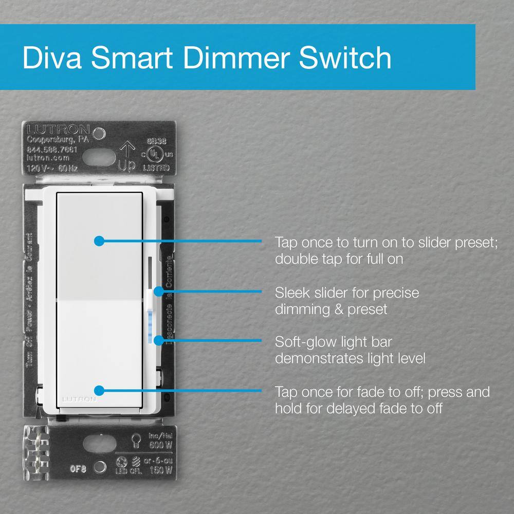 Lutron Diva Smart Dimmer Switch for Caseta Smart Lighting, 150-Watt LED, Gray (DVRF-6L-GR) DVRF-6L-GR