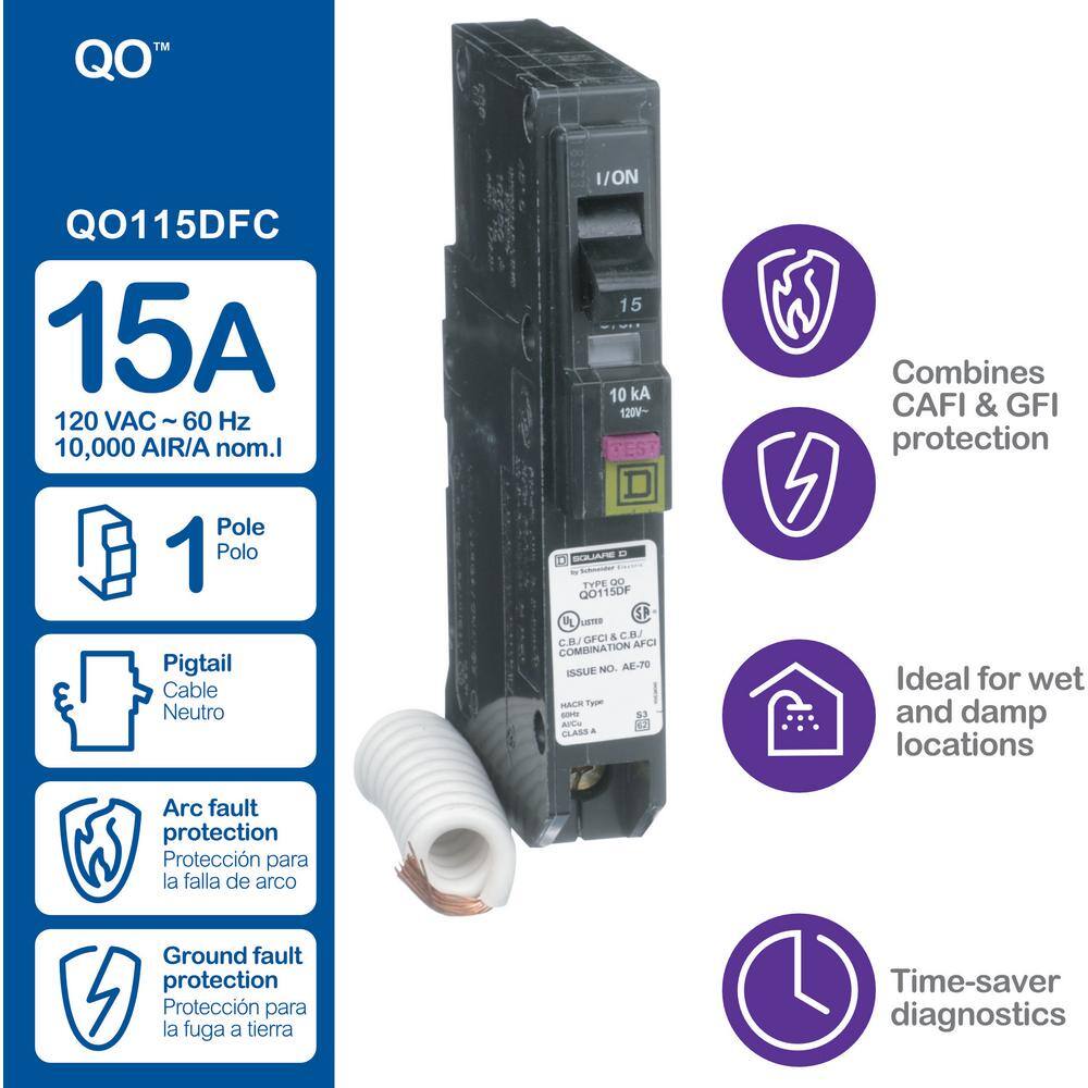 Square D QO 15 Amp Single-Pole Dual Function (CAFCI and GFCI) Circuit Breaker QO115DFC