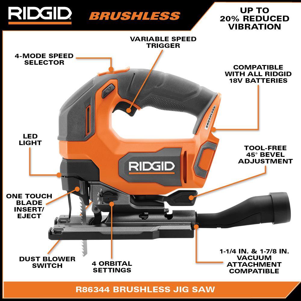 RIDGID 18V Brushless Cordless 2-Tool Combo Kit with Jig Saw, Router, (2) 4.0 Ah Batteries, and Charger AC93044SBN-R920444SB