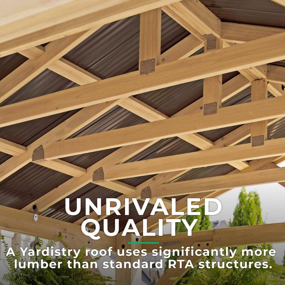 Yardistry Carolina 11 ft. x 13 ft. Premium Outdoor Cedar Backyard Patio Shade Pavilion with Brown Aluminum Gazebo Style Roof YM11726