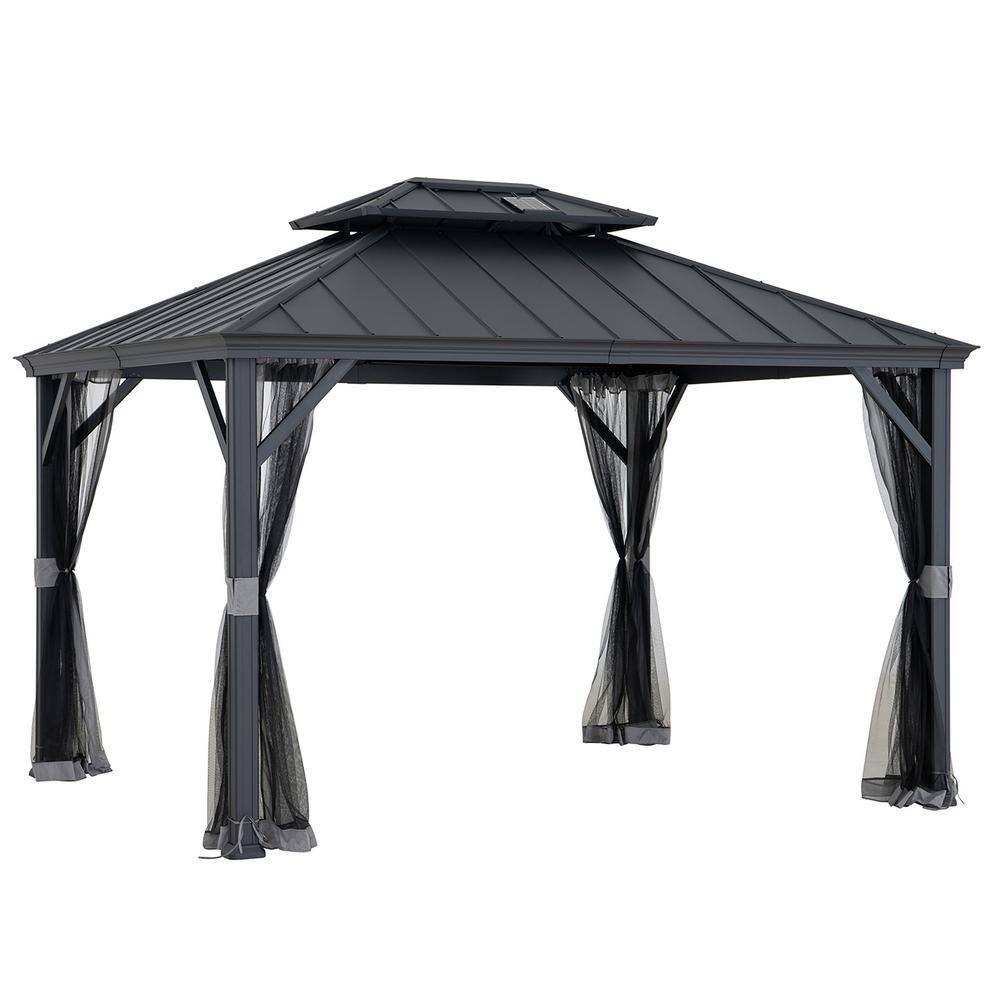 Sunjoy 10 ft. x 12 ft. 2-Tier Black Power-Coated Steel Hardtop Gazebo Patio Aluminum Frame Gazebo with Solar Panel and Netting A1020121C0