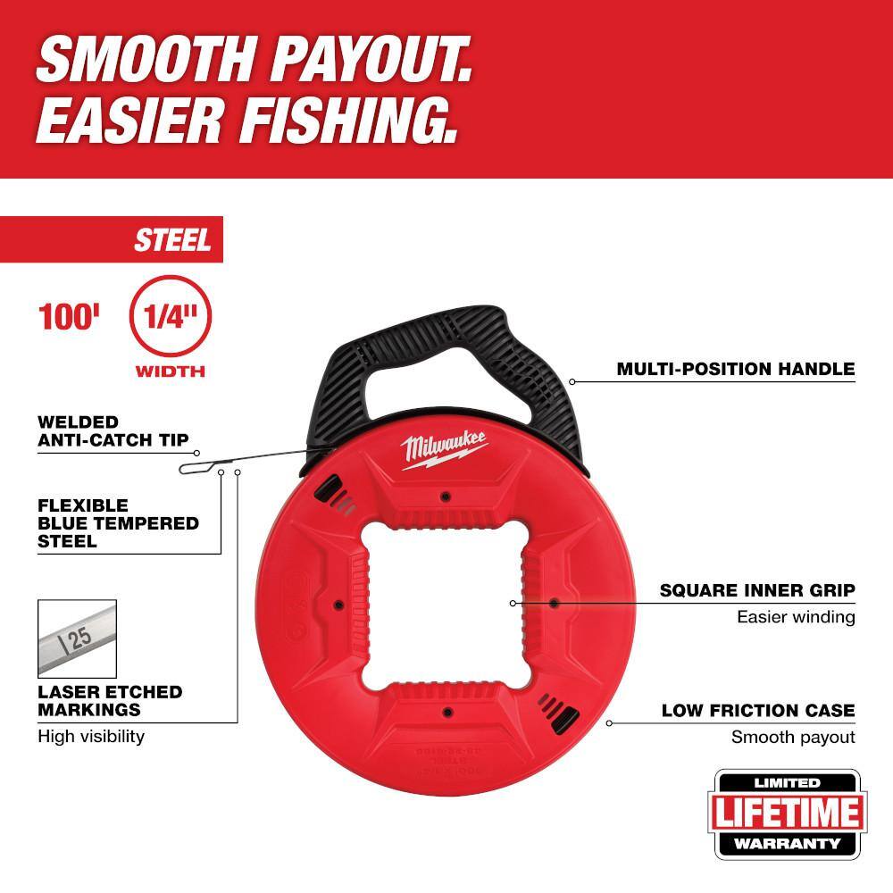 Milwaukee 1/4 in. x 100 ft. Steel Fish Tape with 9 in. 7-in-1 Combination Wire Strippers Pliers 48-22-4185-48-22-3078