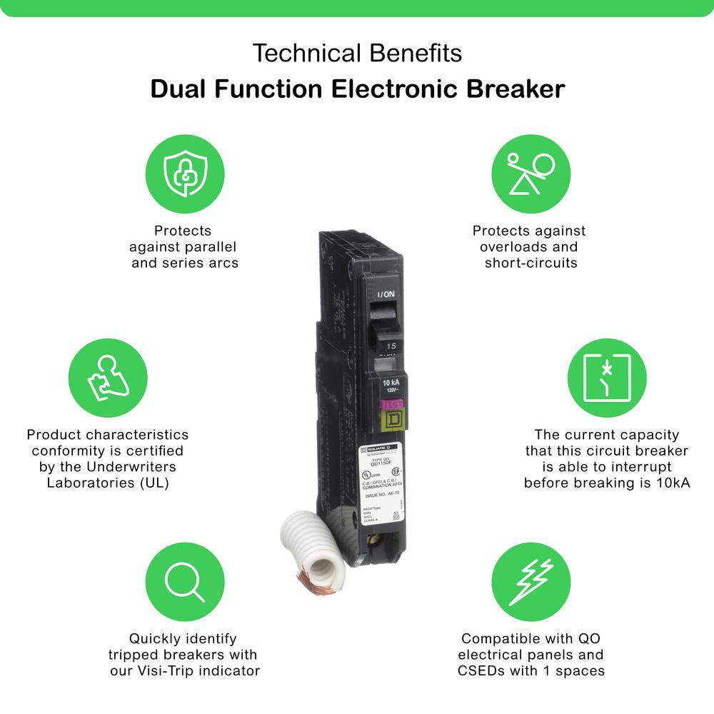 Square D QO 15 Amp Single-Pole Dual Function (CAFCI and GFCI) Circuit Breaker QO115DFC