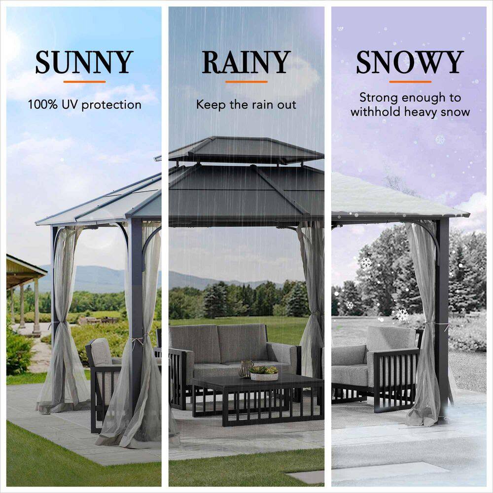 Sunjoy 10 ft. x 12 ft. Black Steel Hardtop Gazebo with 2-Tier Hip Roof and Ceiling Hook and Removable Netting Sidewalls A102009121