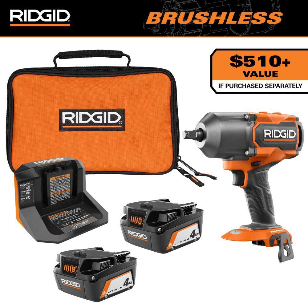 RIDGID 18V Brushless Cordless 4-Mode 1/2" High-Torque Impact Wrench with 18V (2) 4.0 Ah Batteries and Charger Kit AC93044SBN-R86212B