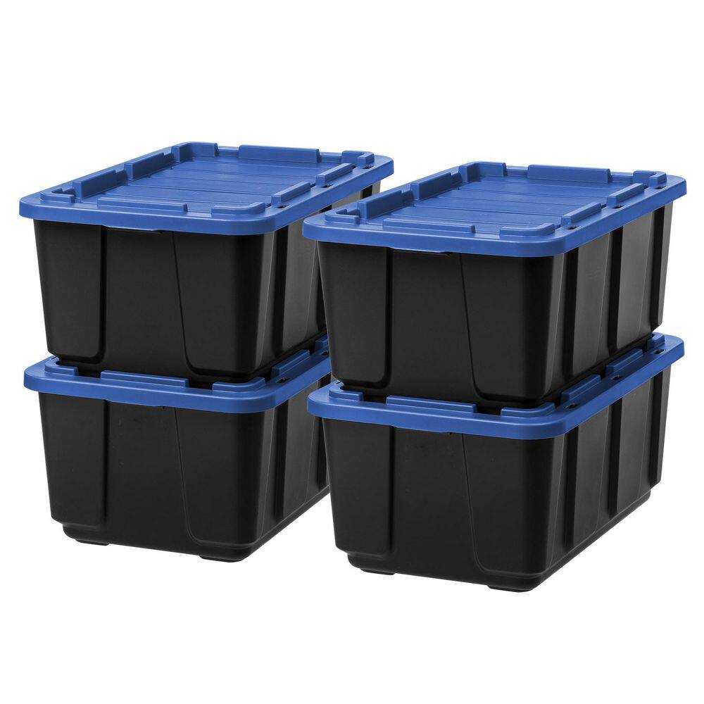 IRIS 27 Gal. Stackable Storage Totes with Lids, Black-Blue, 4Pk 500411