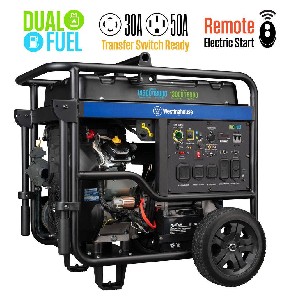 Westinghouse 18,000/14,500-Watt Dual Fuel Gas and Propane Portable Generator with Remote Electric Start, Low THD, and 50 Amp Outlet WGen14500DFc