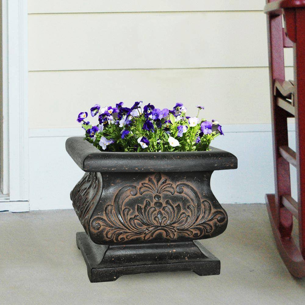MPG 18 in. Square Aged Charcoal Cast Stone Fiberglass Bombe Planter PF5795AC
