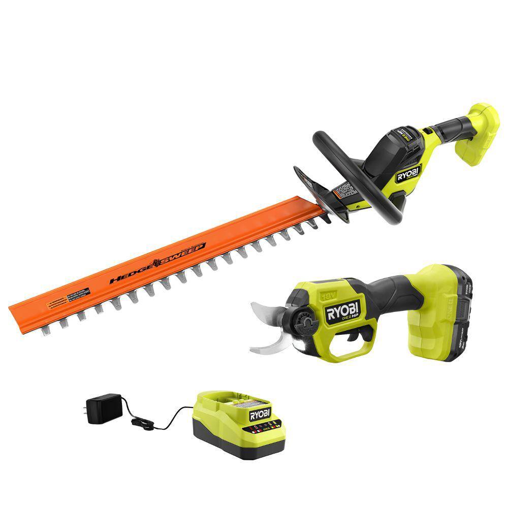 RYOBI ONE+ HP 18V Brushless Cordless Pruner & ONE+ HP 18V Brushless 22 in. Battery Hedge Trimmer with 2.0 Ah Battery & Charger P2550-P2608BTL