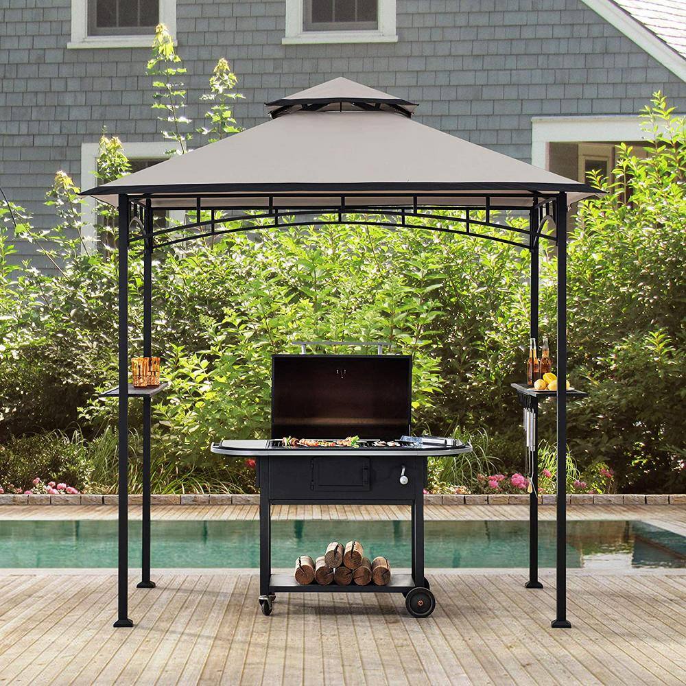 Sunjoy 5 ft. x 8 ft. 2-Tier Soft Top Gazebo Black Steel Grill Gazebo with Ceiling Hook and Shelves, Gray and Black Canopy A103002201