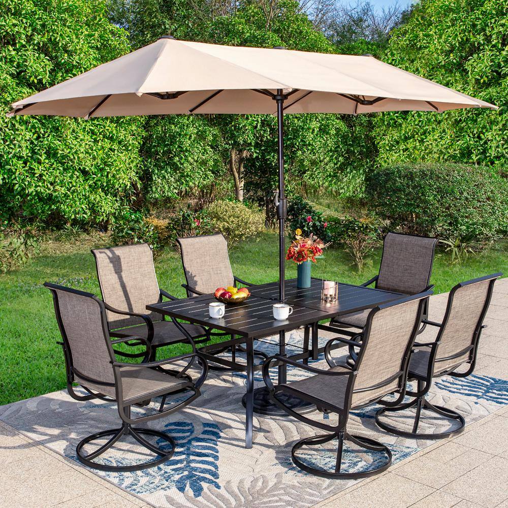 PHI VILLA Black 8-Piece Metal Patio Outdoor Dining Set with Slat Rectangle Table, Textilene Swivel Chairs and Beige Umbrella THD8-0604-93BM