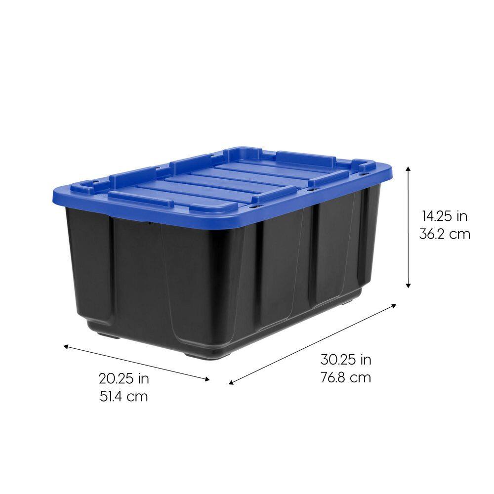 IRIS 27 Gal. Stackable Storage Totes with Lids, Black-Blue, 4Pk 500411