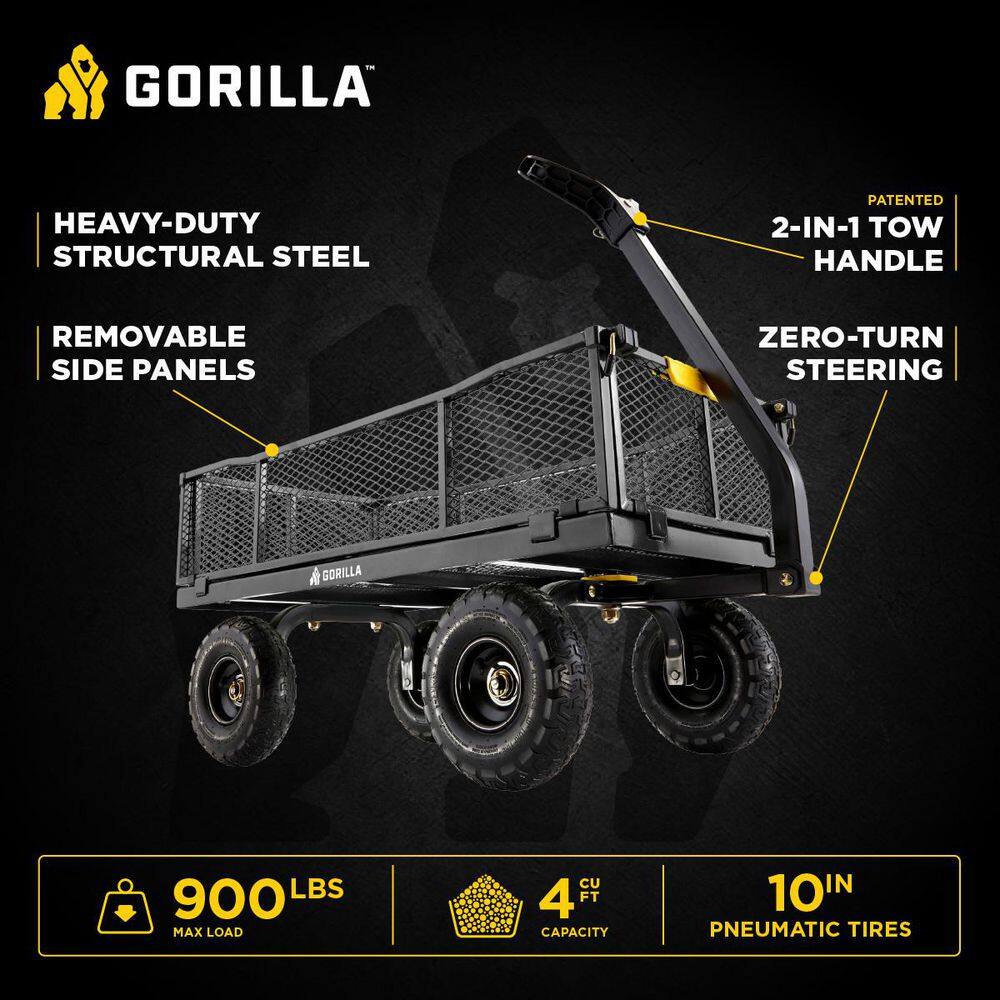 GORILLA CARTS 900 lb. Heavy-Duty Steel Utility Garden Cart, 4 cu. ft. Capacity, 10 in. Pneumatic Tires, 2-in-1 Pull or Tow Handle GCG-900