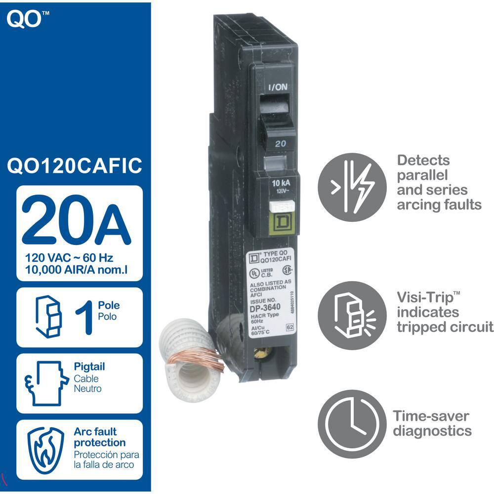 Square D QO 20 Amp Single-Pole Combination Arc Fault Circuit Breaker(QO120CAFIC) QO120CAFIC