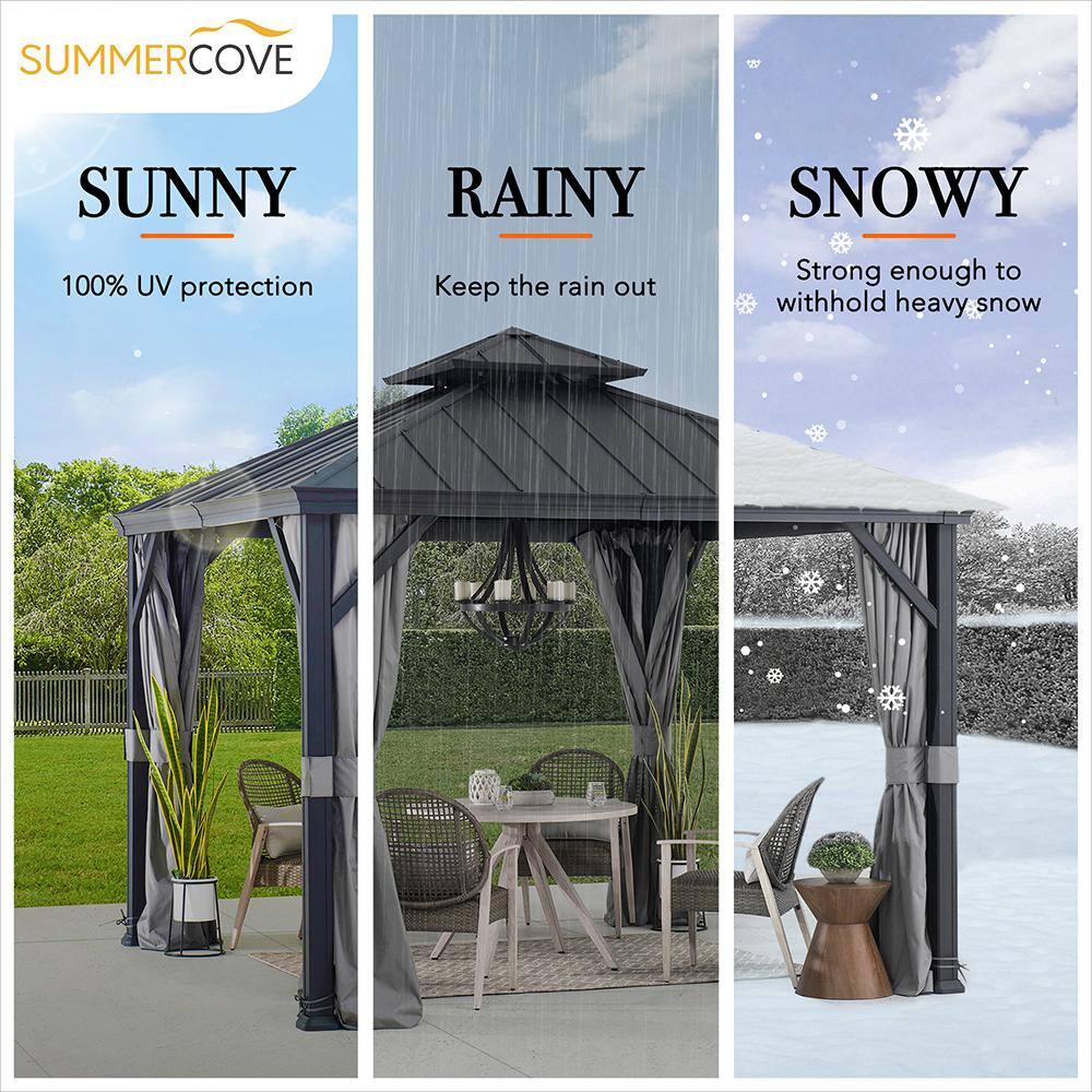 Sunjoy 10 ft. x 10 ft. Aluminum Frame and Black Power-Coated 2-Tier Steel Hardtop Gazebo for Backyard with Netting and Curtain A102012121