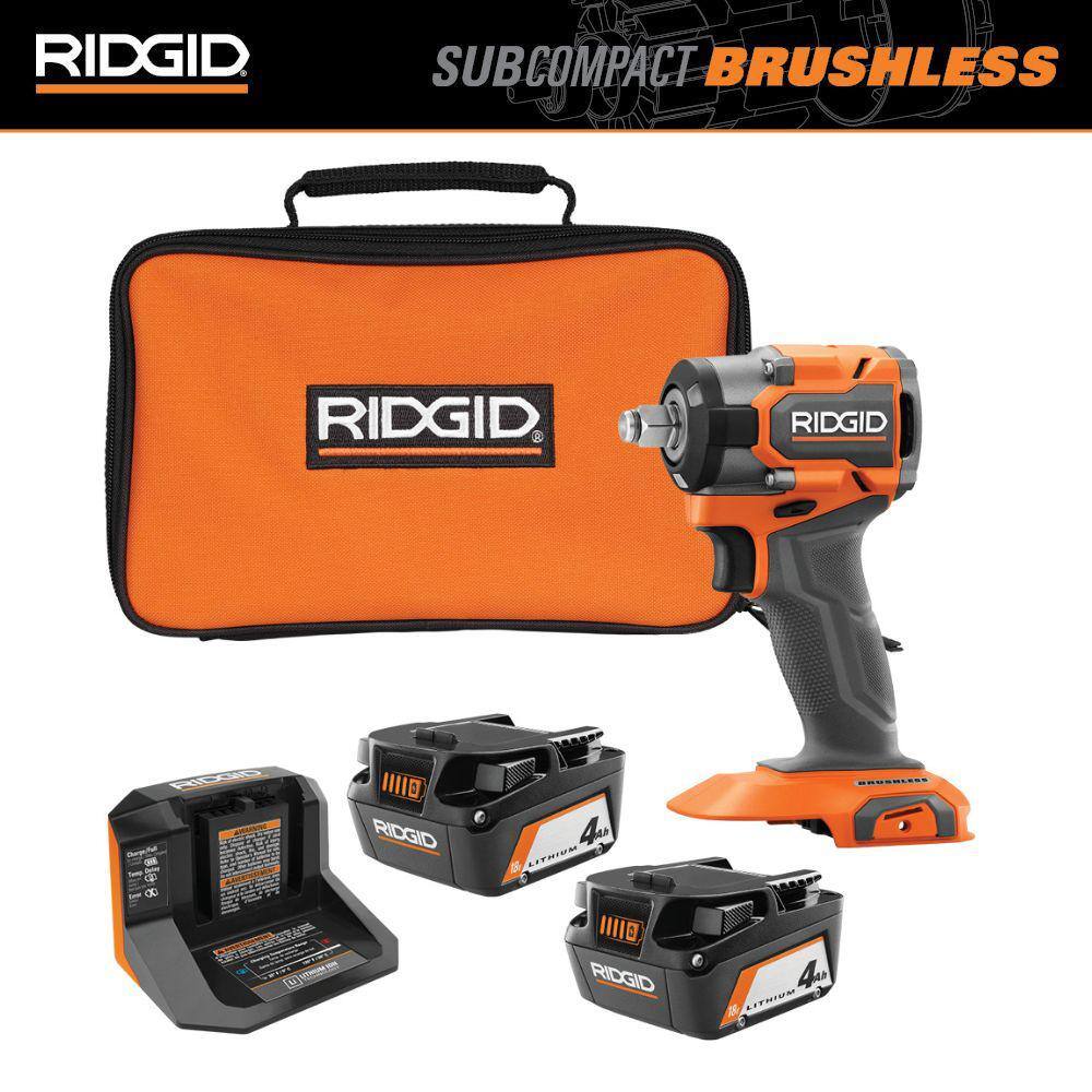RIDGID 18V SubCompact Brushless Cordless 1/2 in. Impact Wrench with (2) 4.0 Ah Batteries, Charger, and Bag R872081B-AC93044SBN