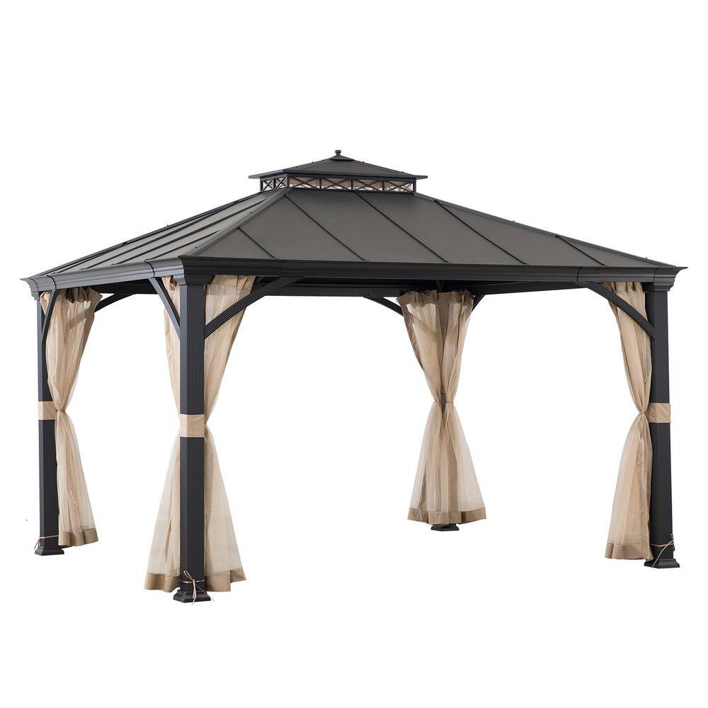 Sunjoy 11 ft. x 13 ft. Black 2-Tier Aluminum Frame and Steel Hardtop Gazebo with Metal Ceiling Hook and Netting for Backyard A102006902