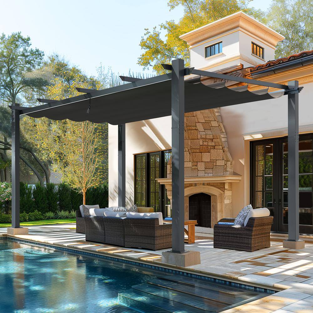 VEIKOUS 16 ft. W x 12 ft. D Aluminum Pergola Outdoor with Dark Gray Retractable Canopy PG0202-04GY