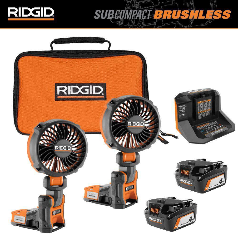 RIDGID 18V SubCompact Brushless Cordless Magnetic Clamp Fan 2-Pack with (2) 4.0 Ah Batteries, Charger, and Bag R860723B-R860723B-AC93044SBN