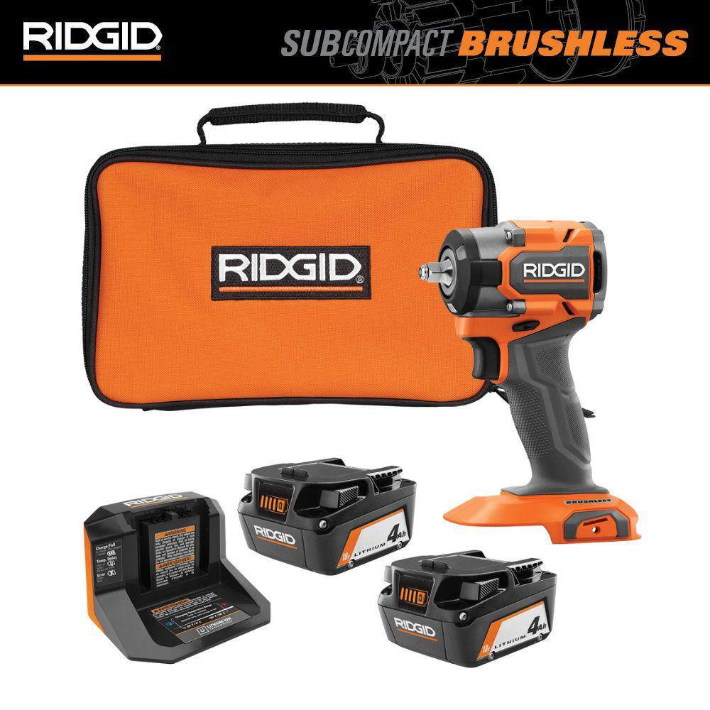 RIDGID 18V (2) 4.0 Ah Batteries and Charger Kit with 18V Brushless SubCompact 3/8 in. Impact Wrench AC93044SBN-R872071B