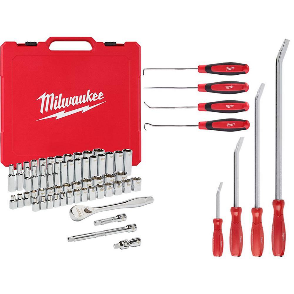 Milwaukee 3/8 in. Drive SAE/Metric Ratchet and Socket Mechanics Tool Set with Hook and Pick Set and Pry Bar Set (66-Piece) 48-22-9008-48-22-9214-48-22-9215
