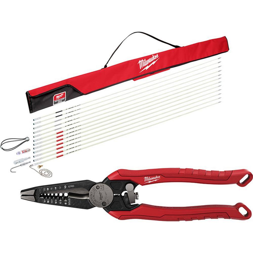 Milwaukee 60 ft. Fiberglass Fish Stick Low/Mid/High Flex Combo Kit with 7-in-1 Combination Wire Strippers Pliers 48-22-4156-48-22-3078