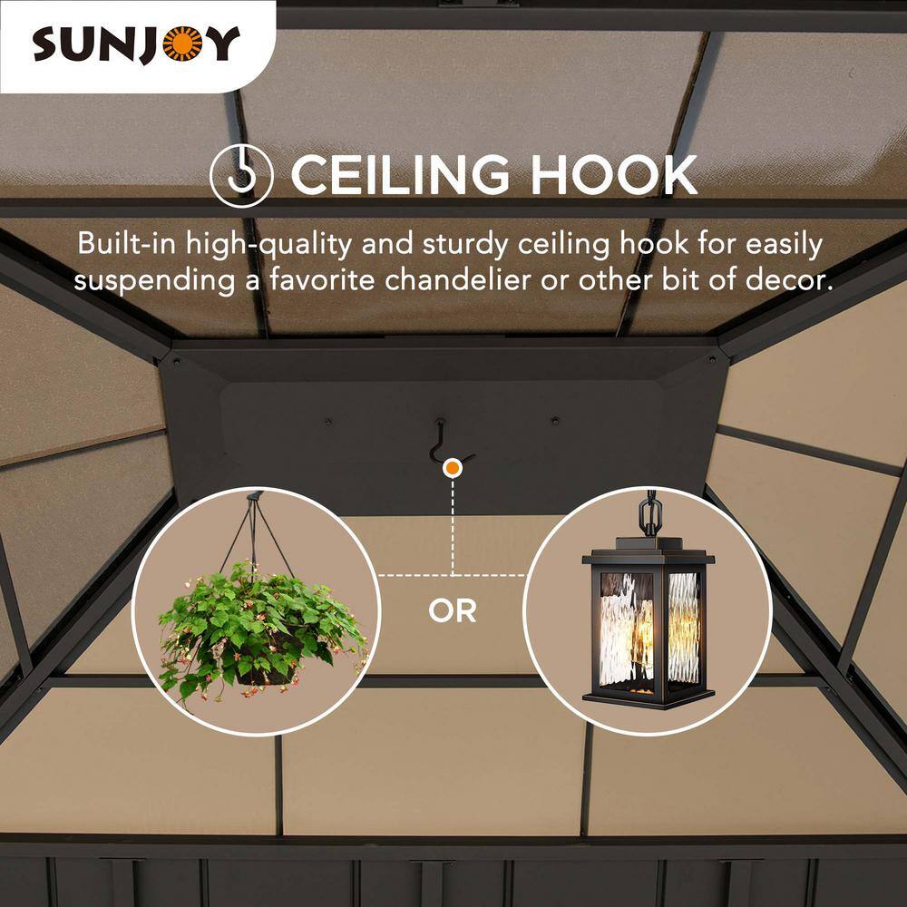 Sunjoy 13 ft. x 15 ft. Outdoor Patio Cedar Framed Wood Gazebo with Dark Brown Steel and Polycarbonate Hip Roof and Ceiling Hook A102007650