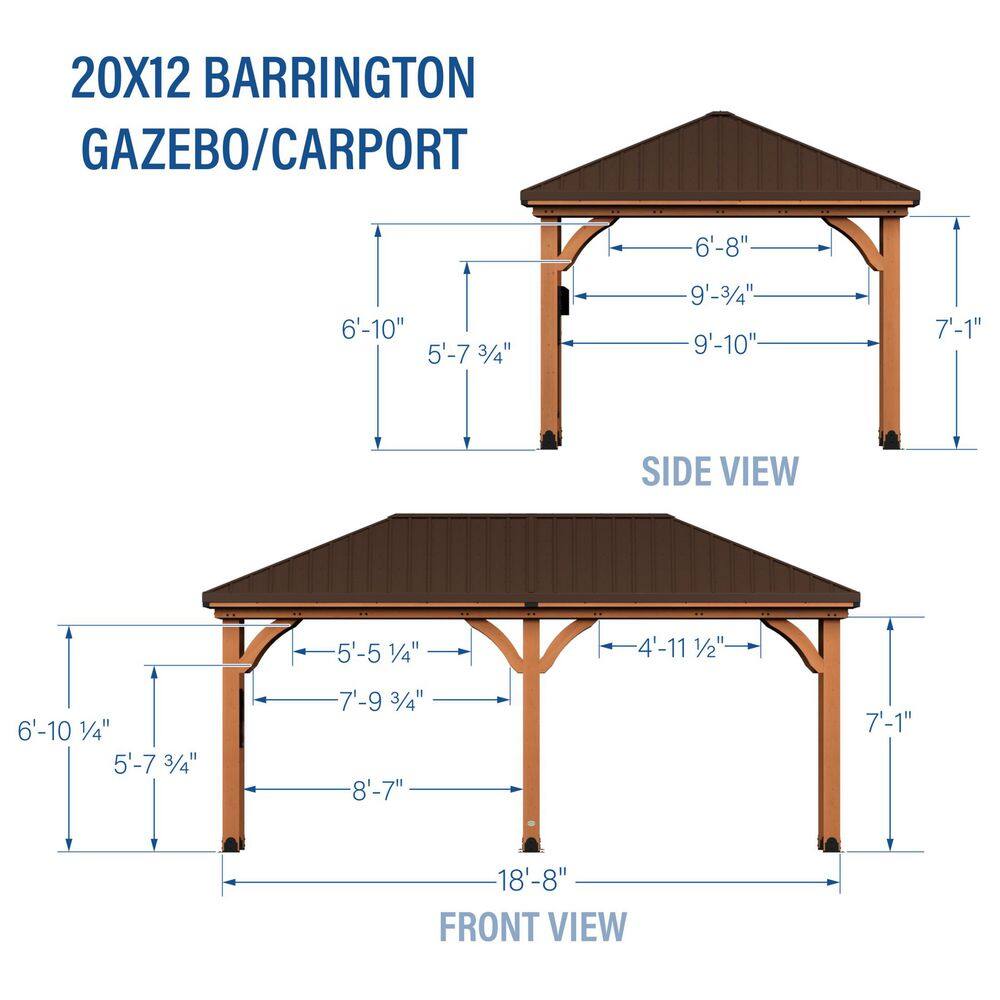 Backyard Discovery Barrington 20 ft. x 12 ft. All Cedar Wood Carport Pavilion Gazebo with Hard Top Steel Metal Hip Roof and Electric, Brown 2306172COM
