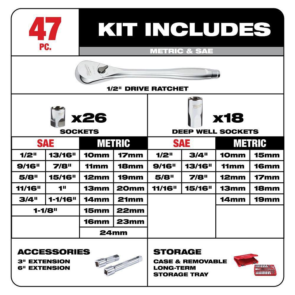 Milwaukee 1/2 in. Drive SAE/Metric Ratchet and Socket Mechanics Tool Set (47-Piece) 48-22-9010