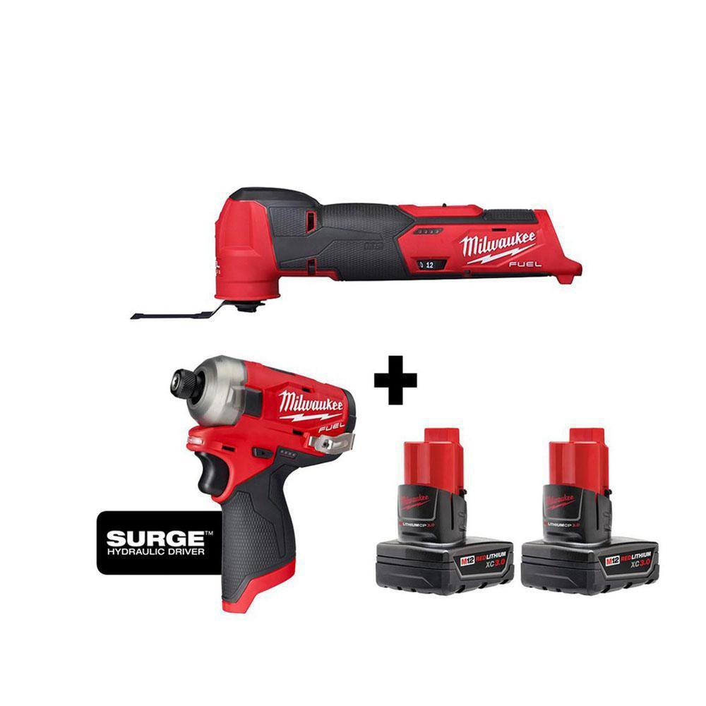 Milwaukee M12 FUEL 12V Lithium-Ion Cordless Oscillating Multi-Tool and Impact Driver with Two 3.0 Ah Batteries 2526-20-2551-20-48-11-2412