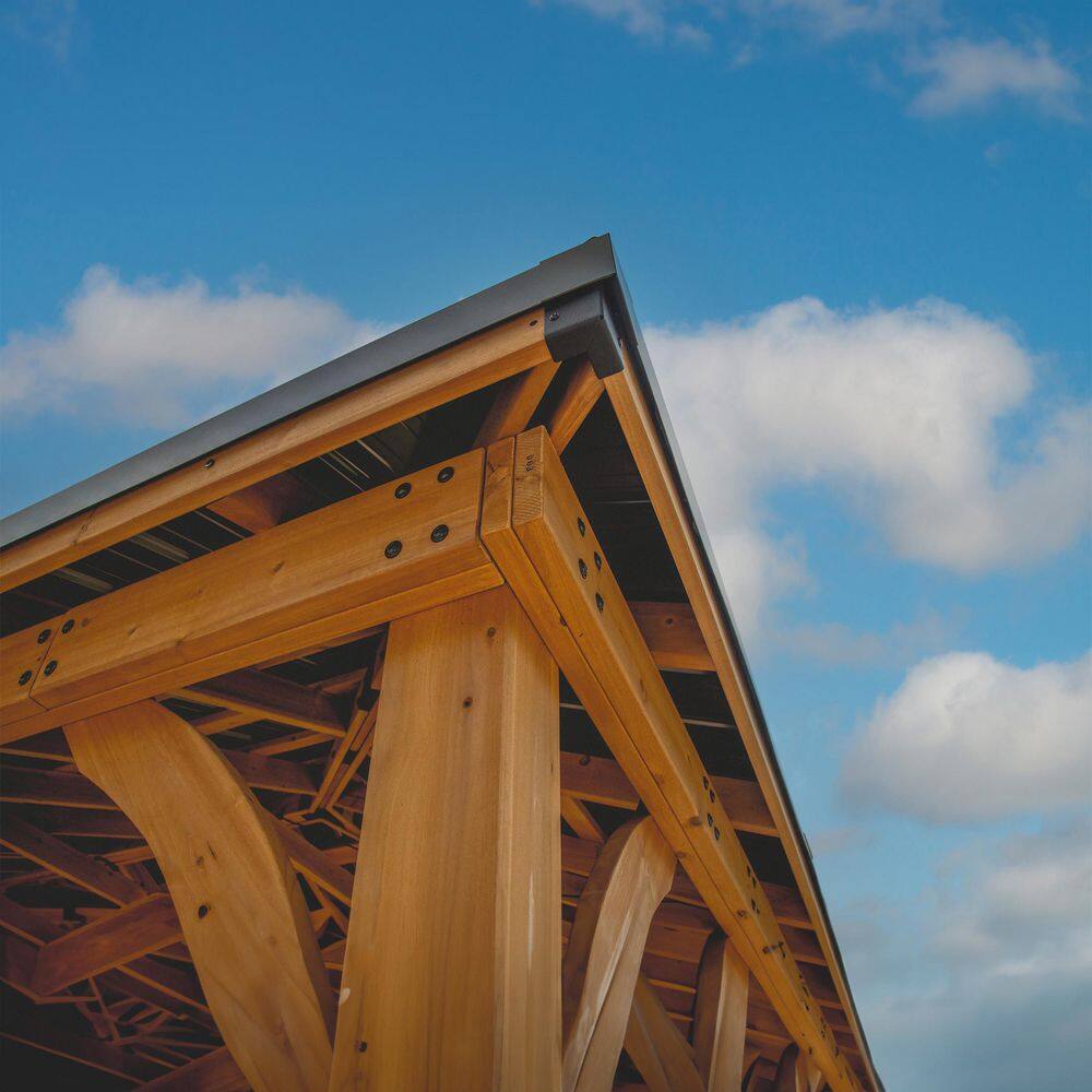 Backyard Discovery Barrington 20 ft. x 12 ft. All Cedar Wood Carport Pavilion Gazebo with Hard Top Steel Metal Hip Roof and Electric, Brown 2306172COM