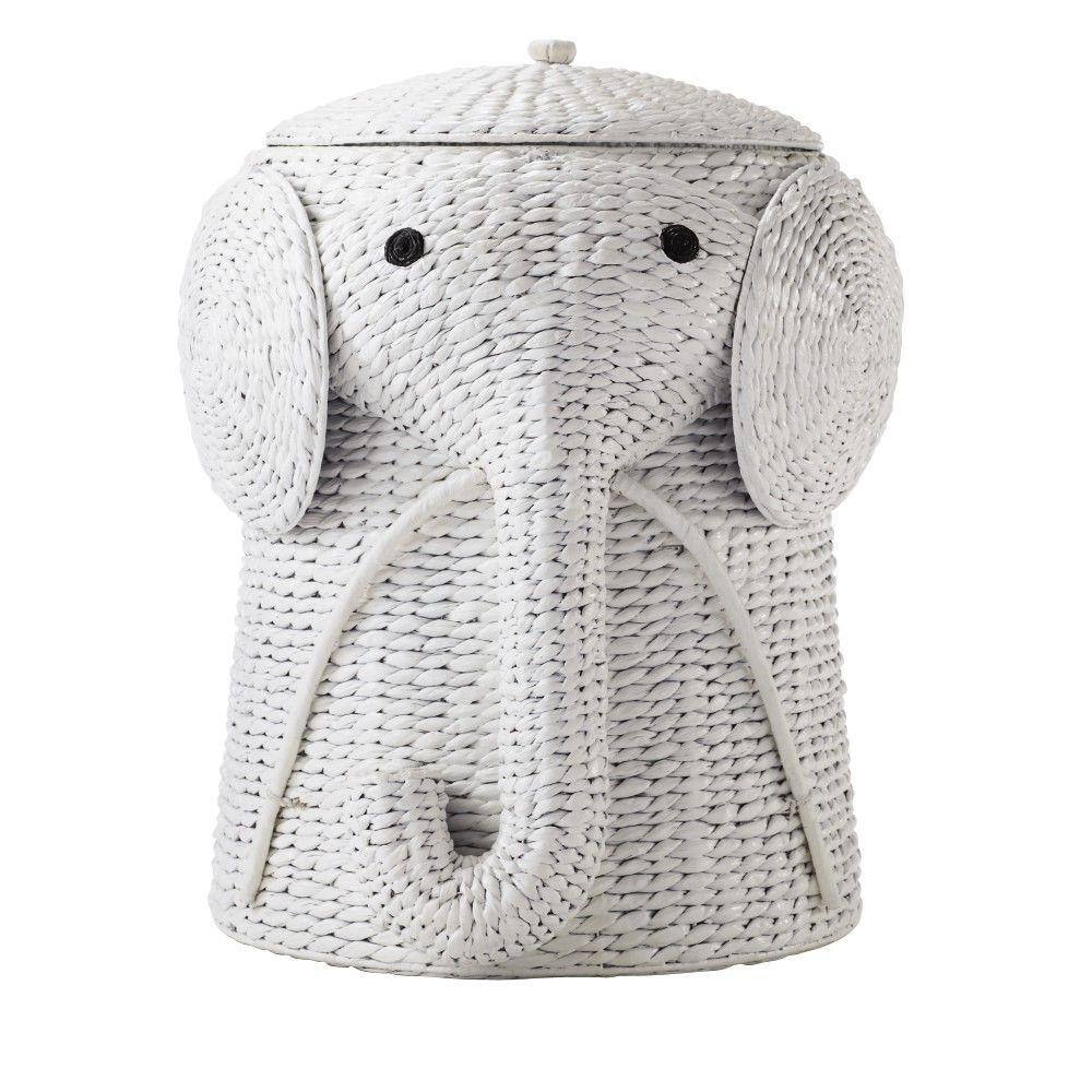 Home Decorators Collection Elephant White Woven Wicker Round Laundry Room Hamper Basket with Lid (16" W) 1641800410