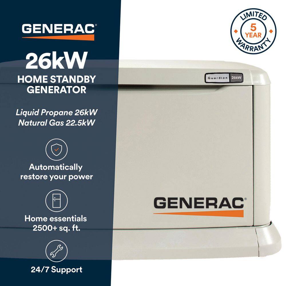Generac 26,000 Watt - Dual Fuel Air- Cooled Whole House Home Standby Generator, Smart Home Monitoring 7290