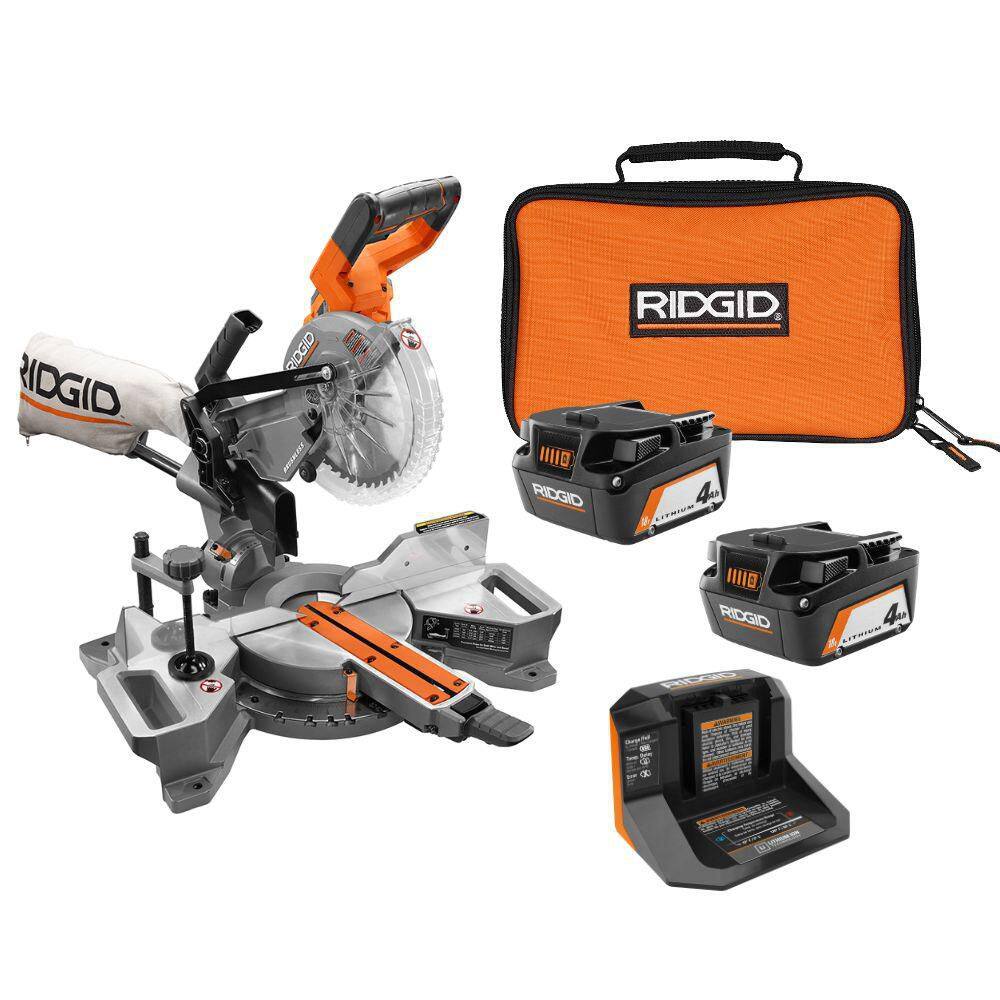 RIDGID 18V (2) 4.0 Ah Batteries and Charger Kit with 18V Brushless Cordless 7-1/4 in. Dual Bevel Sliding Miter Saw AC93044SBN-R48607B