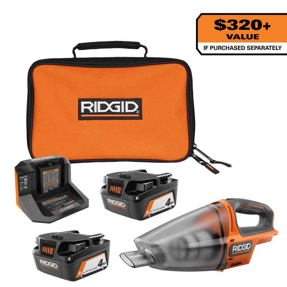 RIDGID 18V (2) 4.0 Ah Batteries and Charger Kit with 18V Cordless Hand Vacuum AC93044SBN-R8609021B