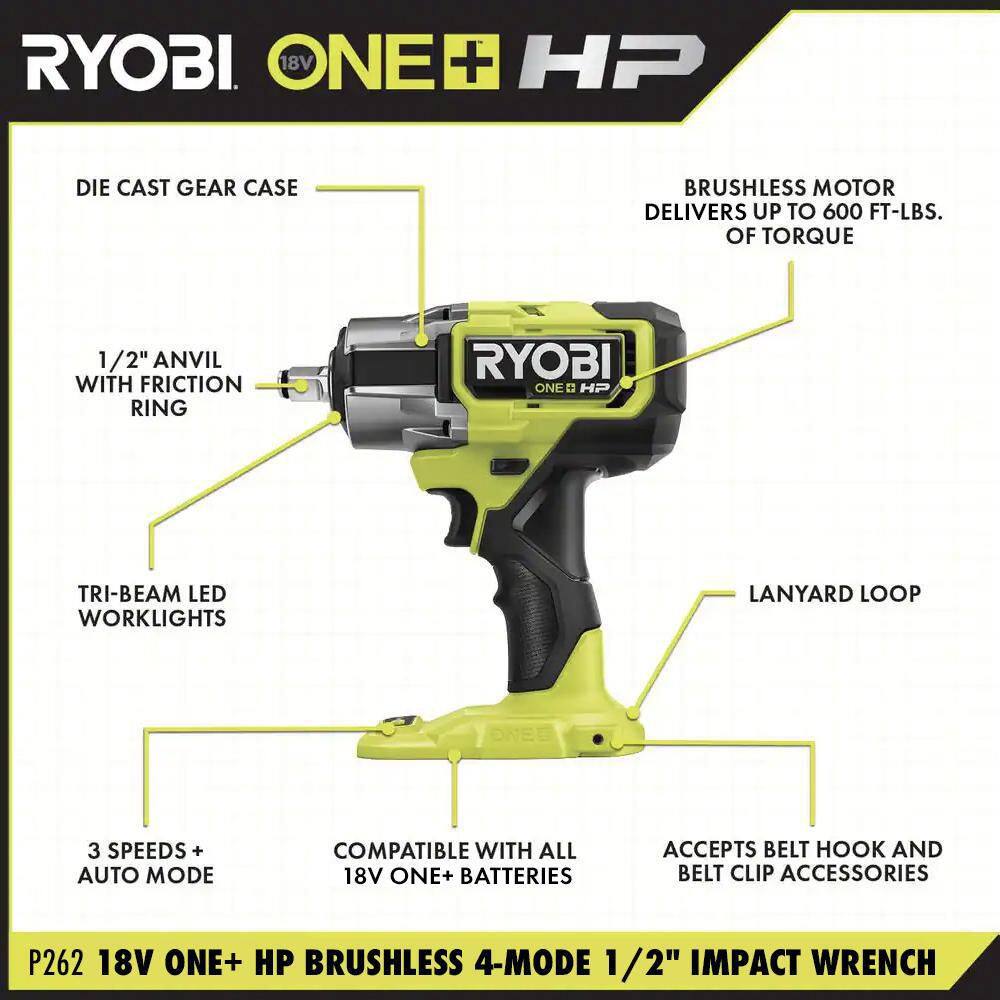 RYOBI ONE+ HP 18V Brushless Cordless 4-Mode 1/2 in. Impact Wrench (Tool Only) P262