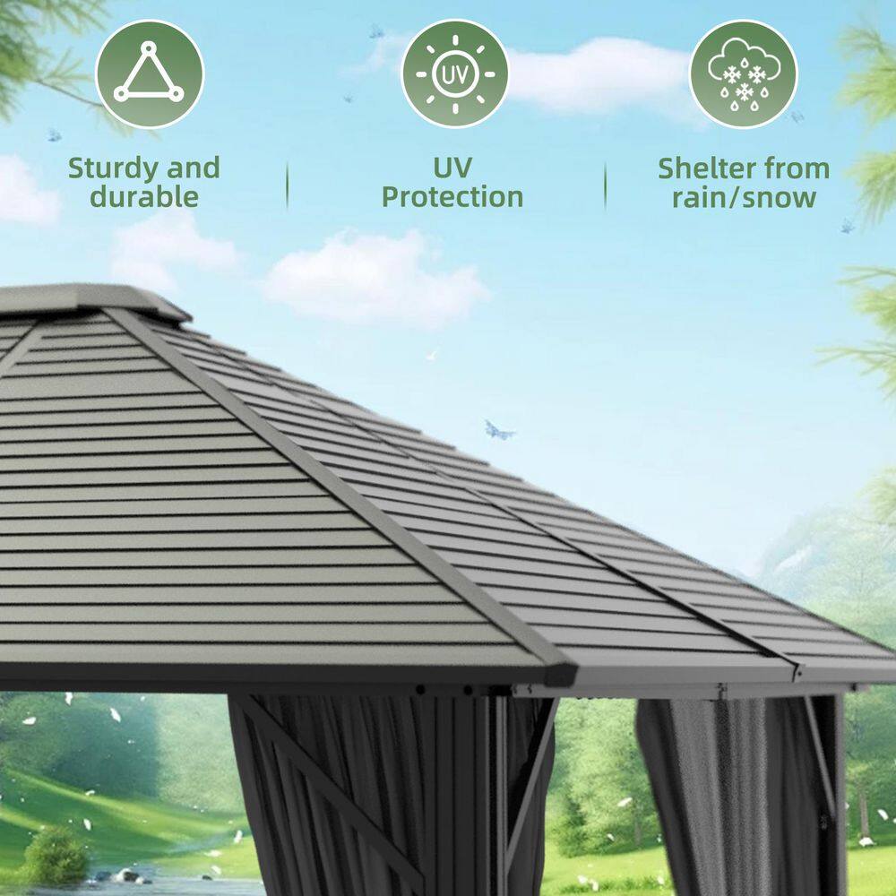 VEIKOUS 12 ft. W x 10 ft. L x 8.7 ft. H Aluminum Hardtop Gazebo with Grey Curtains and Netting PG0201-20-1
