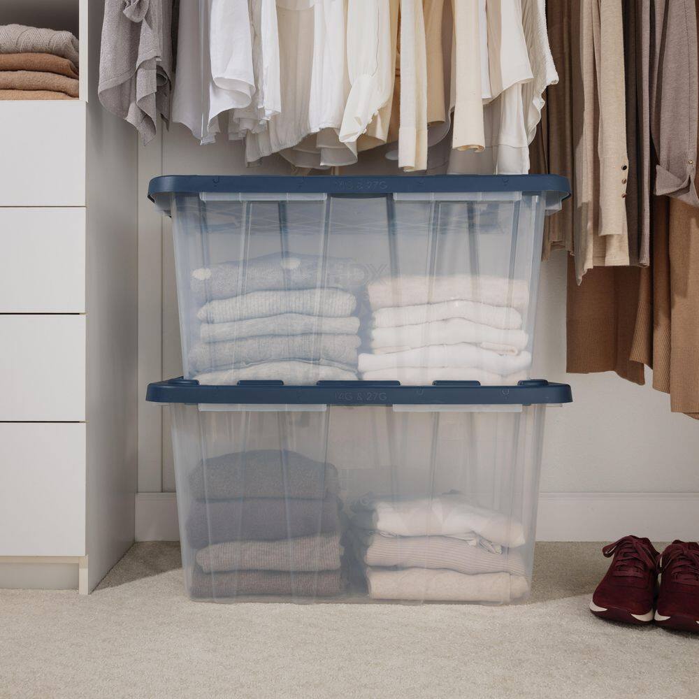 HDX 27 Gal. Tough Storage Tote in Clear with Moonlit Ocean Lid (4-Pack) 999-HDX-274122C