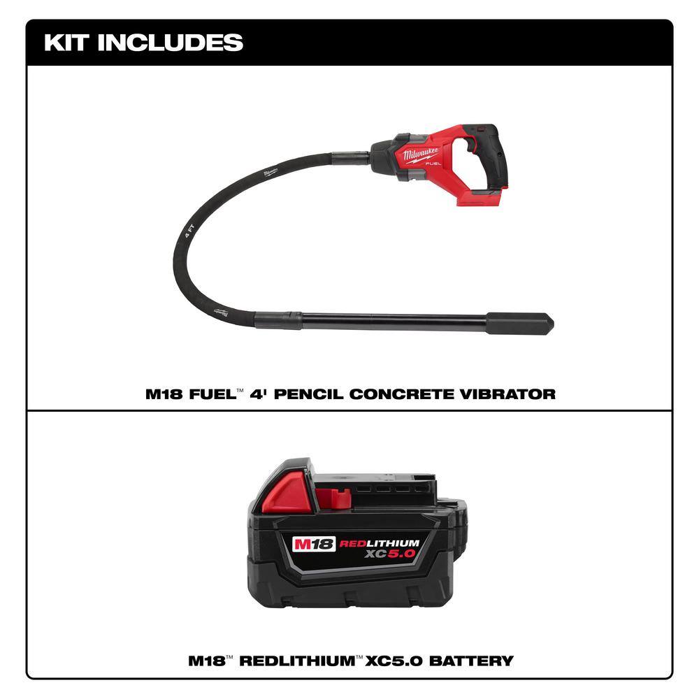 Milwaukee M18 FUEL 18V Lithium-Ion Brushless Cordless 4 ft. Concrete Pencil Vibrator w/5.0 Ah Battery 2910-20-48-11-1850