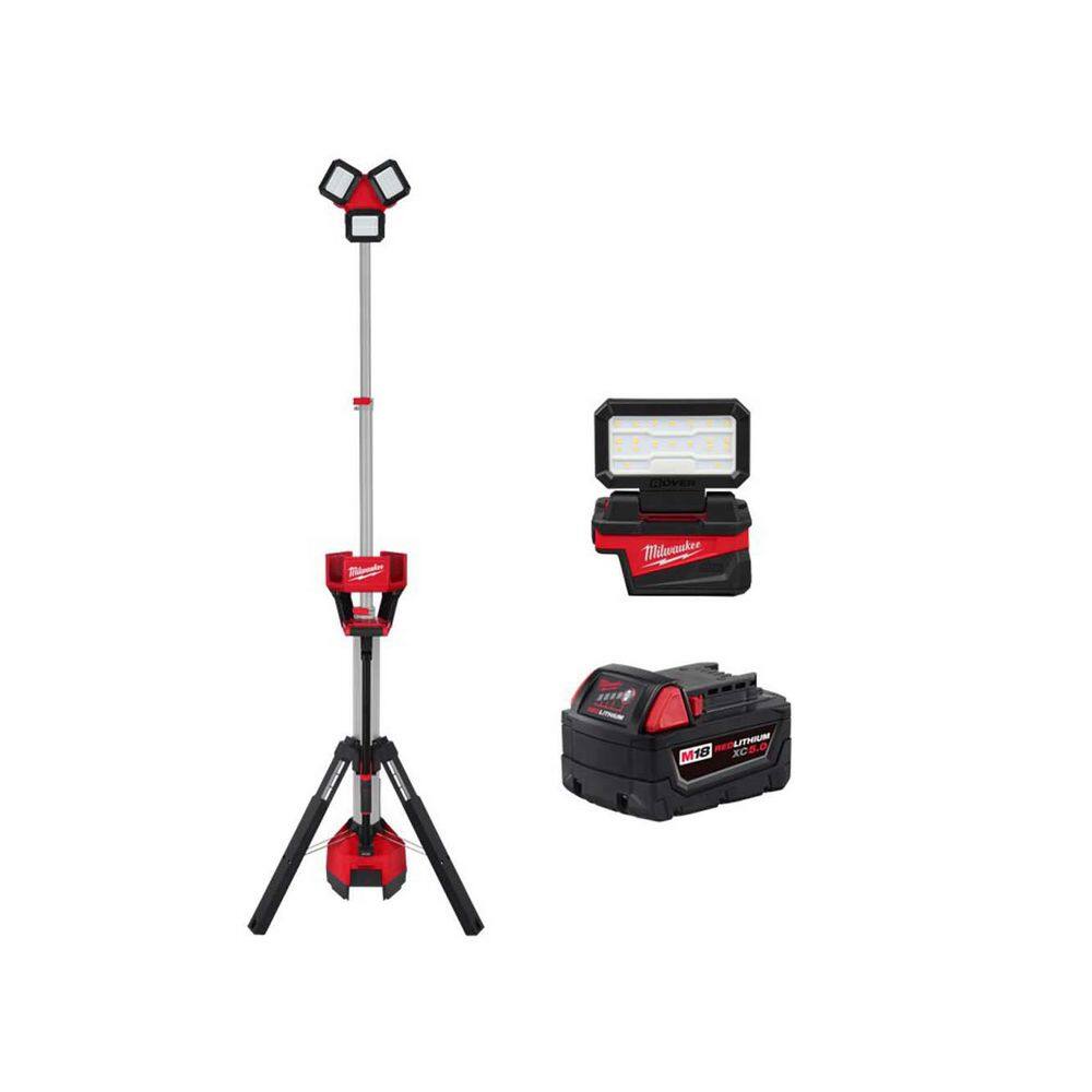 Milwaukee M18 18-Volt Lithium-Ion Cordless 6,000 Lumens Rocket Dual Power Tower Light w/ Charger, Flood Light, & 5.0 Ah Battery 2136-20-2359-20-48-11-1850