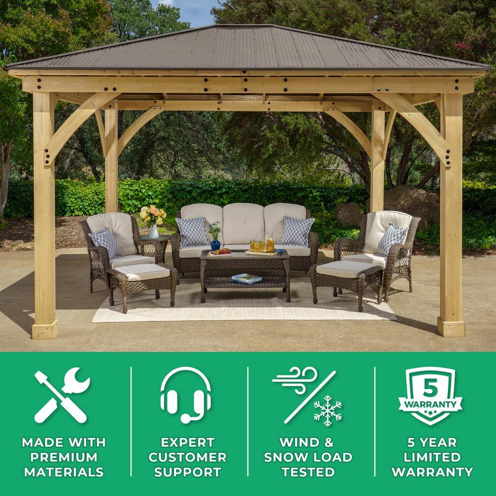 Yardistry Meridian 12 ft. x 14 ft. Premium Cedar Outdoor Patio Shade Gazebo with Architectural Posts and Brown Aluminum Roof YM11772