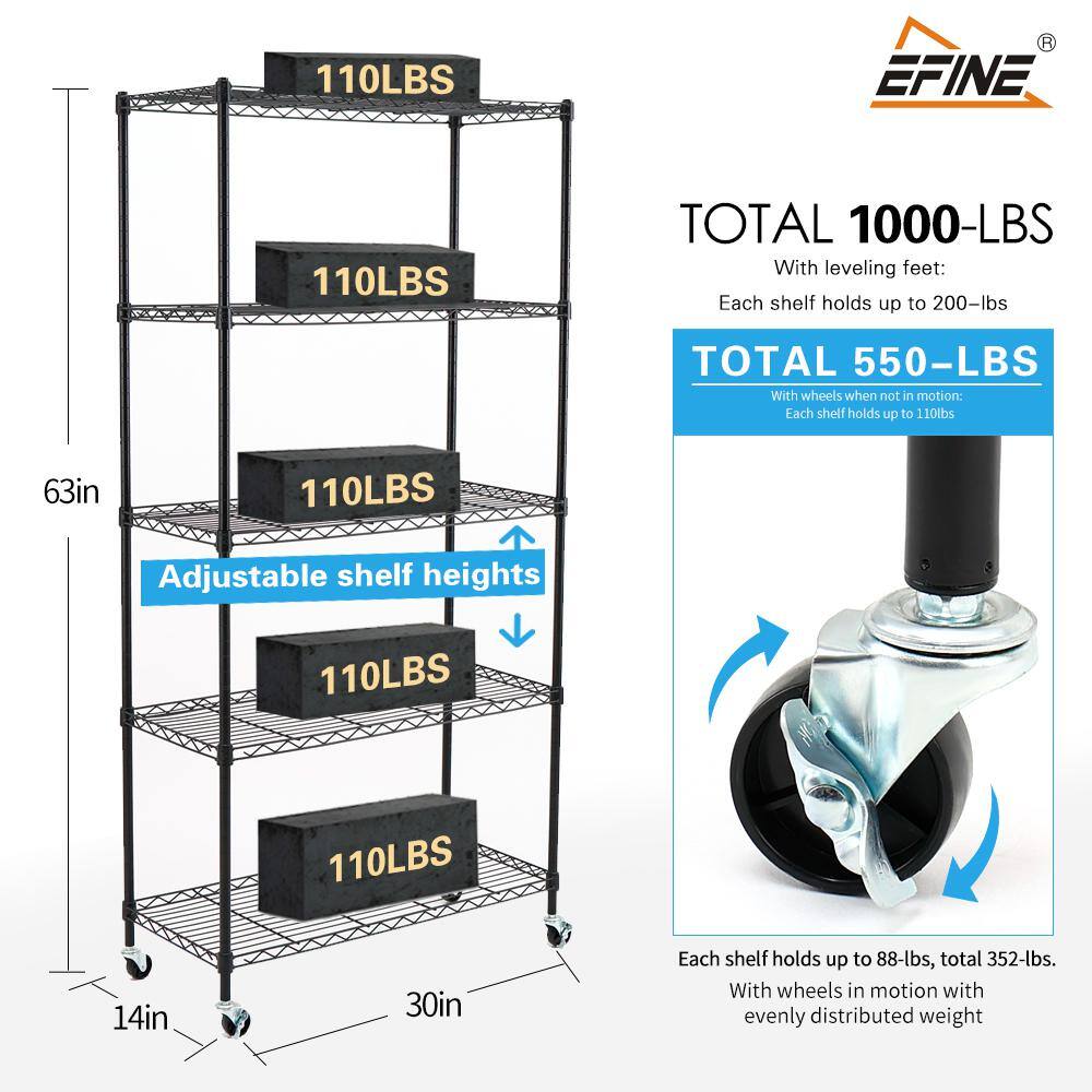EFINE Black 5-Tier Rolling Carbon Steel Wire Garage Storage Shelving Unit with Casters (30 in. W x 63 in. H x 14 in. D) RL200-5W