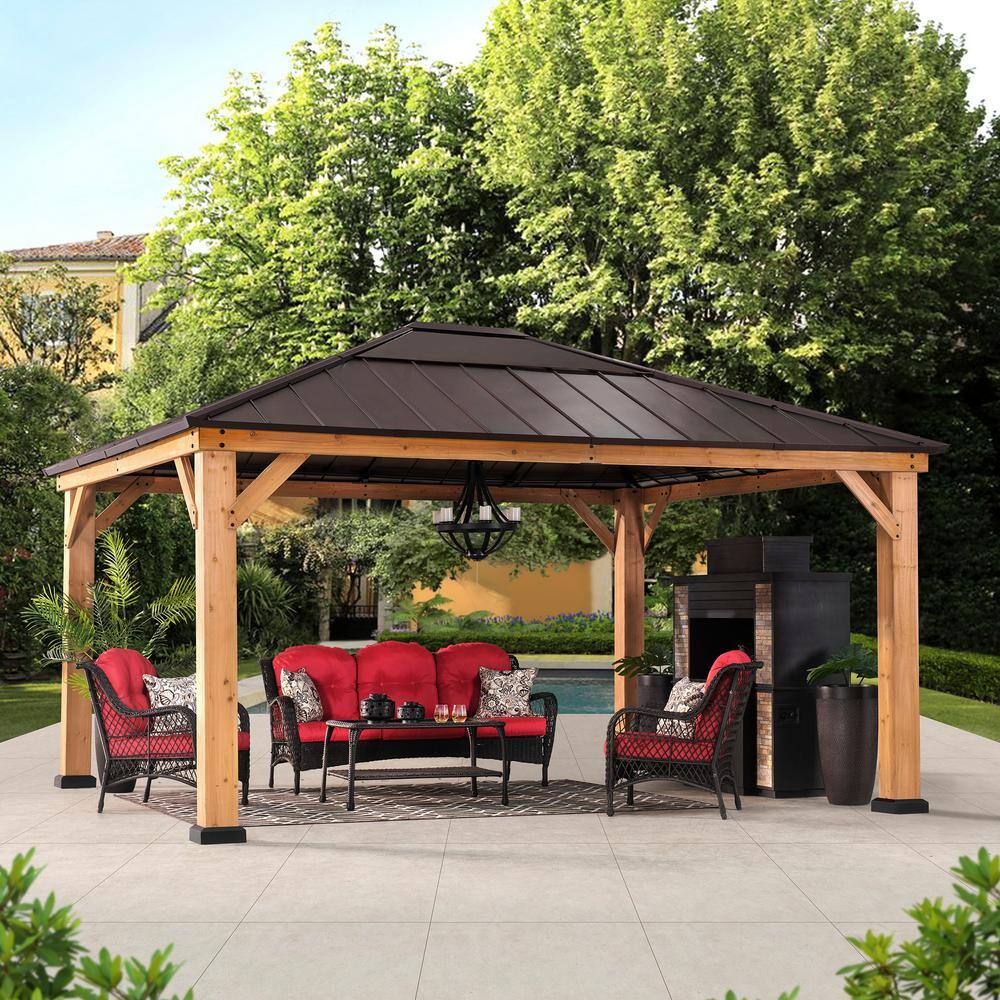 Sunjoy Macie Outdoor Patio 13 ft. x 15 ft. Brown Wooden Frame Backyard Hardtop Gazebo with Ceiling Hook A102007602
