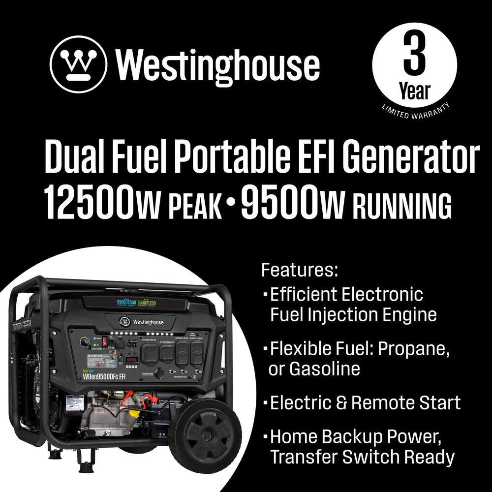 Westinghouse 12,500/9,500-Watt Dual Fuel Gas and Propane Powered EFI Portable Generator with Remote Electric Start, 50 Amp Outlet WGen9500DFc EFI