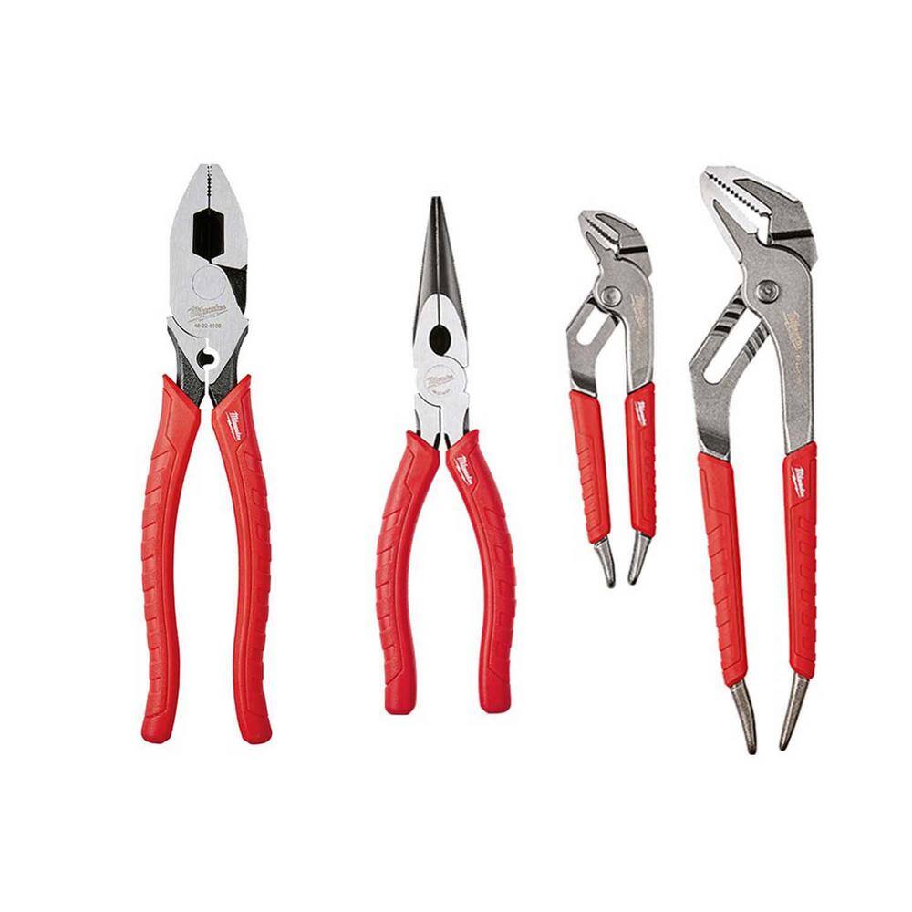 Milwaukee 10 in. High Leverage Lineman's Pliers with Crimper and Long Nose Pliers & 6 in./10 in. Straight-Jaw Pliers Set (4-Piece) 48-22-6100-48-22-6101-48-22-6330