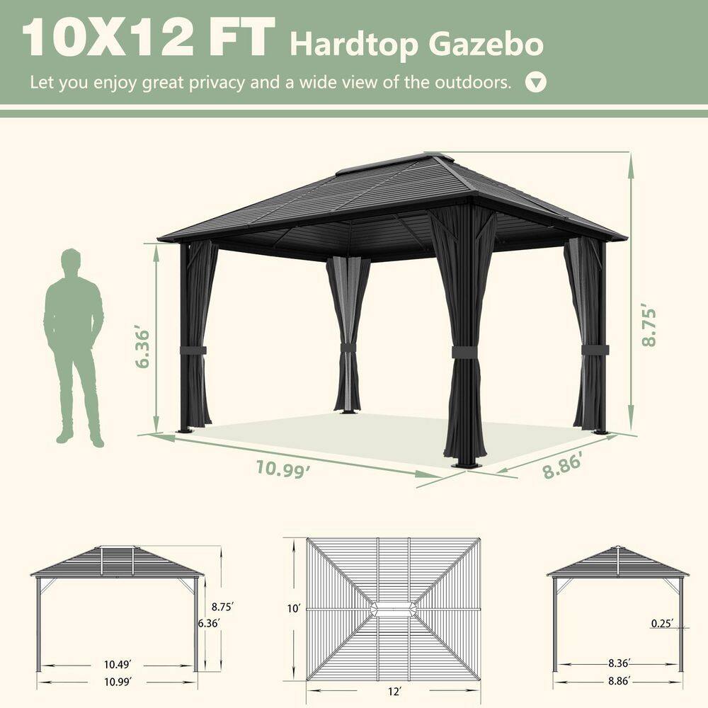 VEIKOUS 12 ft. W x 10 ft. L x 8.7 ft. H Aluminum Hardtop Gazebo with Grey Curtains and Netting PG0201-20-1