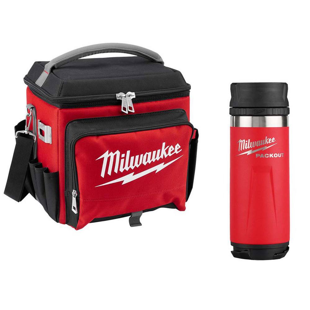 Milwaukee 21 Qt. Soft Sided Jobsite Lunch Cooler with PACKOUT Red 18 oz. Insulated Bottle with Sip Lid 48-22-8250-48-22-8395R